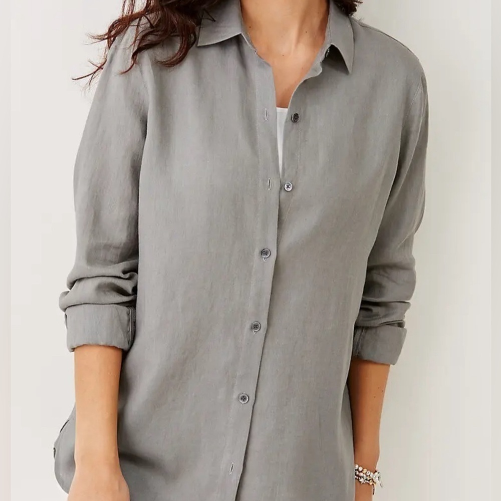 J. Jill 100% Linen Long Sleeve Button Down Shirt Blouse Abalone Buttons Gray